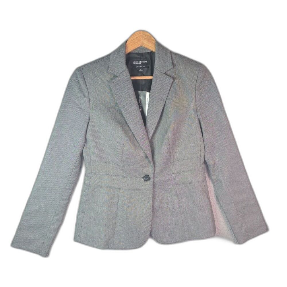 Jones New York The Emma Jacket Black Silver Geometric Peplum Blazer 2